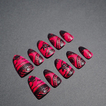 Red Lace (Press-On Nail Set, 30pc, Almond)